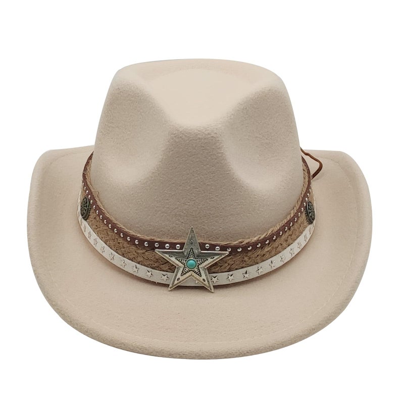 Willheoy Kids Cowboy Hat for Boys Girls Western Cowgirl Hat with Buckle Belt Wide Brim Fedora Hat Dress Up Costume Beige - Image 2